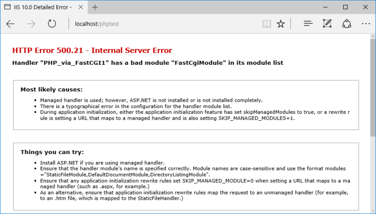 Handler PHP_via_FastCGI has a bad module FastCgiModule in its module list