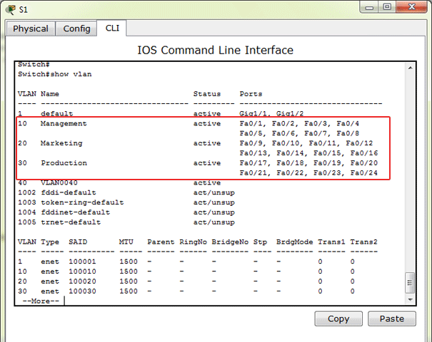 IOS Command Line Interface on S1 - output of the show plan Command