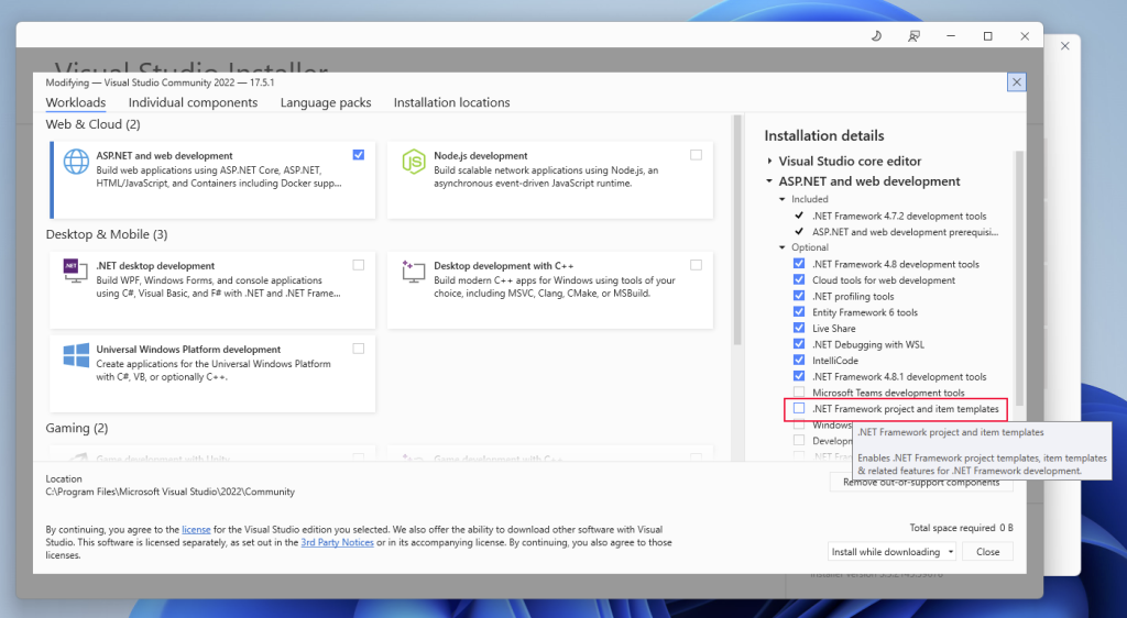 Modify VS 2022 installation - install .NET Framework and item templates