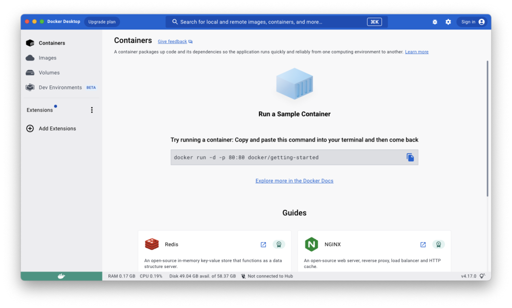 Docker Dashboard on macOS