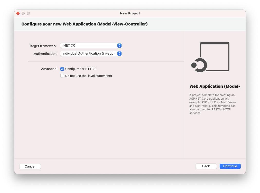 Creating a new .NET 7 Project with Identity in Visual Studio on a Mac