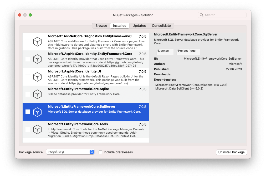 Nuget Package Manager in Visual Studio on Mac